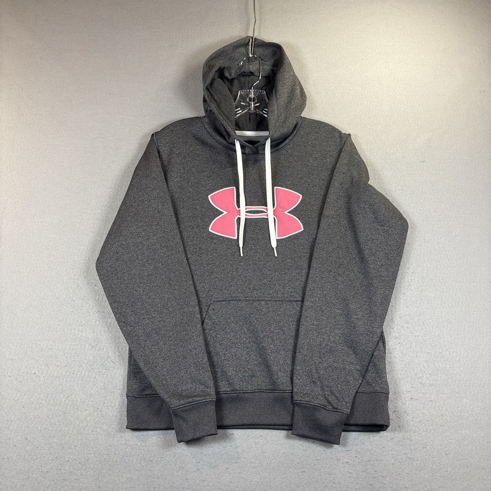 Under Armour Hoodie Woman's Large Gray UA Storm Pullover Sweatshirt Pink‎ Logo